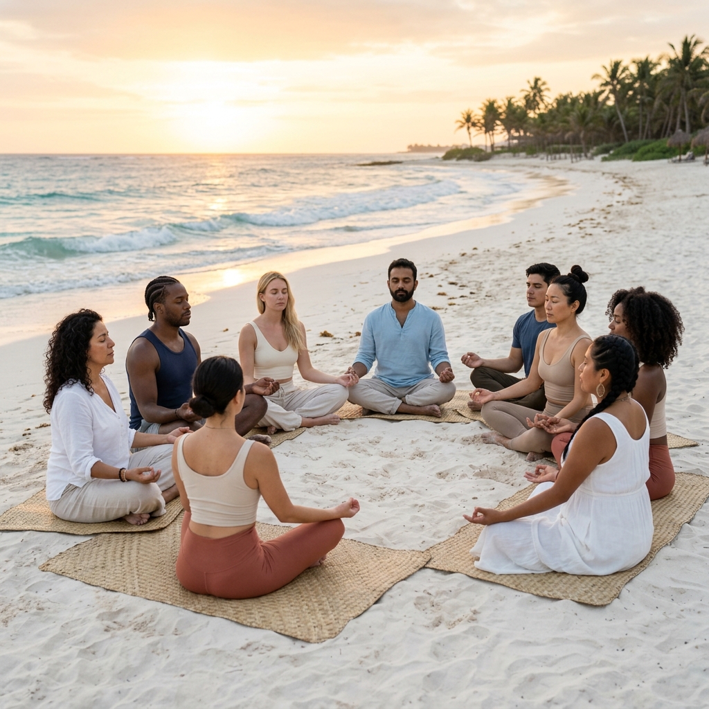 Sadhana Saturday gathering on the beach in Playa del Carmen at sunrise